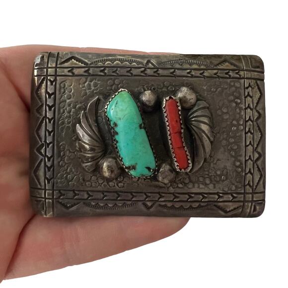 Vintage Old Pawn Silver, Turquoise, & Coral Belt Buckle